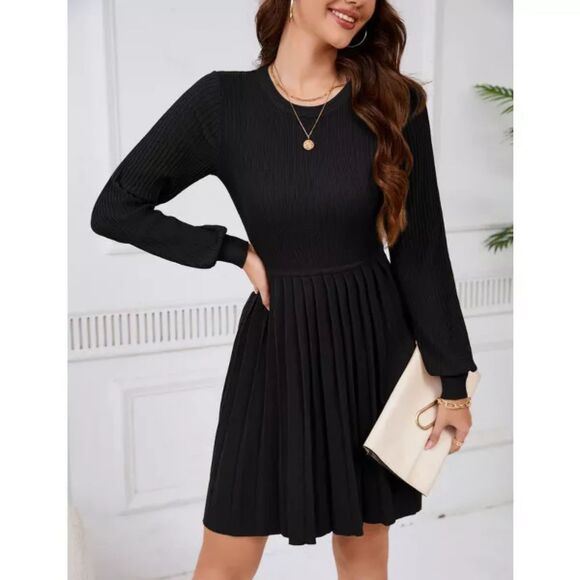 Sweater Dress Long Sleeve with Lapel Collar Pleated Midi Dress Size XL - Picture 3 of 5